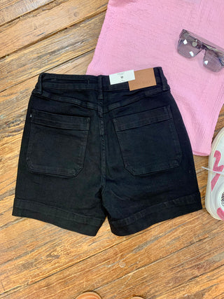 High Waisted Black Button Fly Short