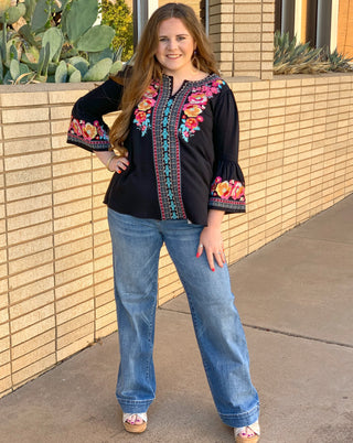 Black Embroidered Bell Sleeve Top