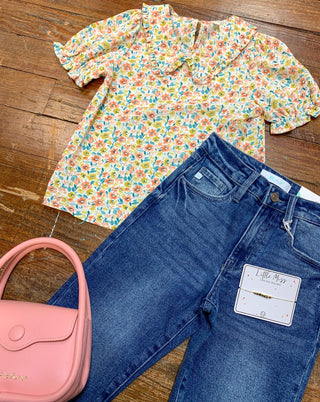 Girls Yellow and Pink Floral Collared Top