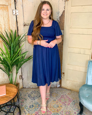 Navy Smocked Midi Dress