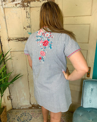 Black Striped Floral Embroidered Dress