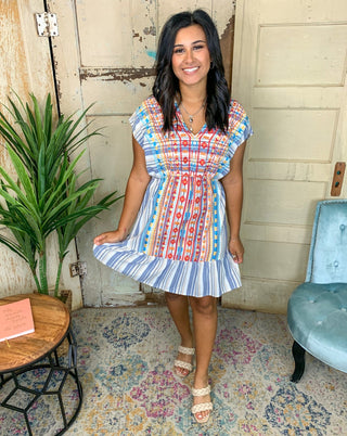 Blue Striped Embroidered Dress