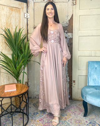 Mauve Shimmer Embroidered Maxi Dress