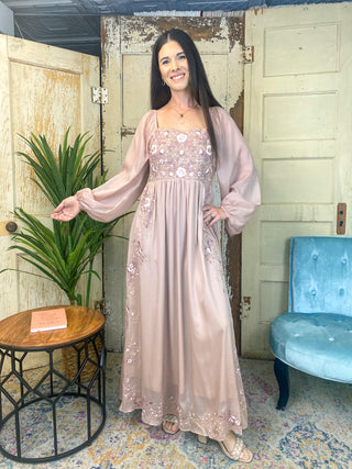 Mauve Shimmer Embroidered Maxi Dress