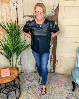 Black Faux Leather Puff Sleeve Top