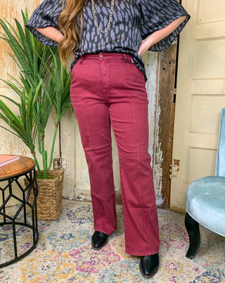 High Waisted Burgundy Garment Dyed Straight Jean