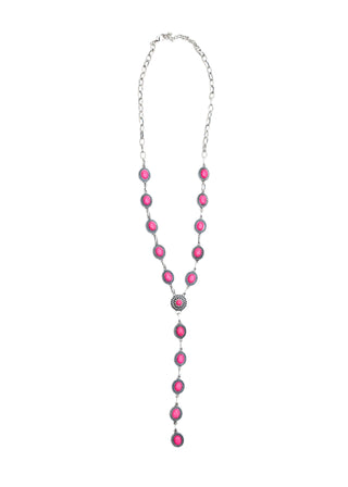 Dainty Burnished Silver Oval Pink Concho Lariat Necklace