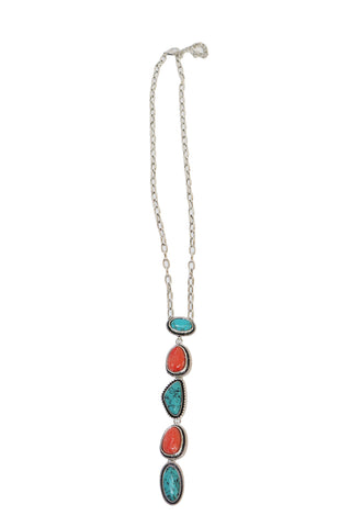 20" Coral & Turquoise 5 Stone Drop Necklace