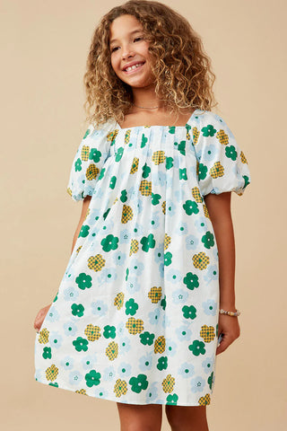 Girls Abstract Floral Puff Sleeve Dress