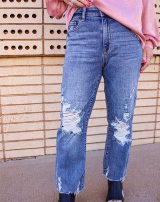 Distressed High Waisted Straight Jean