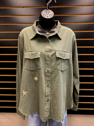 Olive Button Up W/ Stars