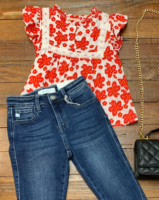 Girls Red Floral Top w/ Cap Sleeve