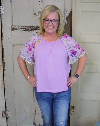 Lavender Top with Patterned Sleeves